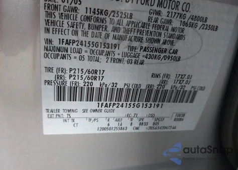 2005 Ford Five Hundred Sel z USA, uszkodzony, nr VIN 1FAFP24155G153191